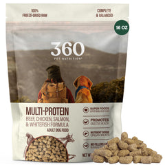 360 Pet Nutrition Freeze-Dried Raw Dog Food shown from the front of its package.