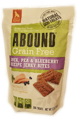 Abound Grain Free Duck Jerky Bites dog treat shown from the front.