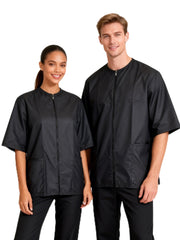Ailefentene dog grooming smock shown from the front in black.