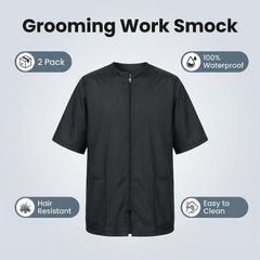 Ailefentene dog grooming smock with a close view of its full-front zipper.
