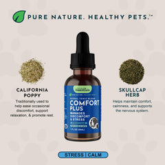Animal Essentials Comfort Plus herbal tonic shown in a close-up product detail.