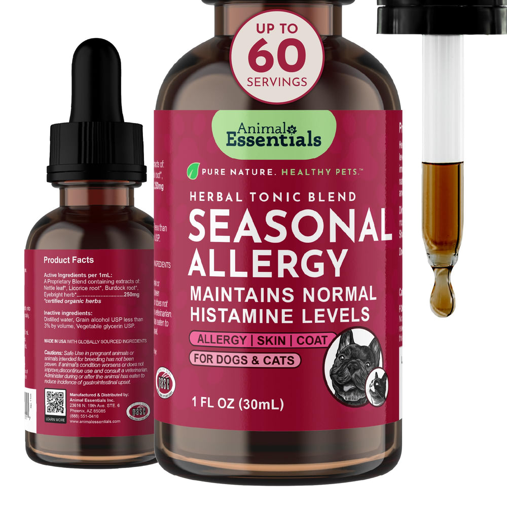 Animal Essentials Seasonal Allergy Treatment bottle shown from the front.