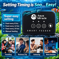 AquaMiracle automatic fish feeder button controls for timed and manual feeding.
