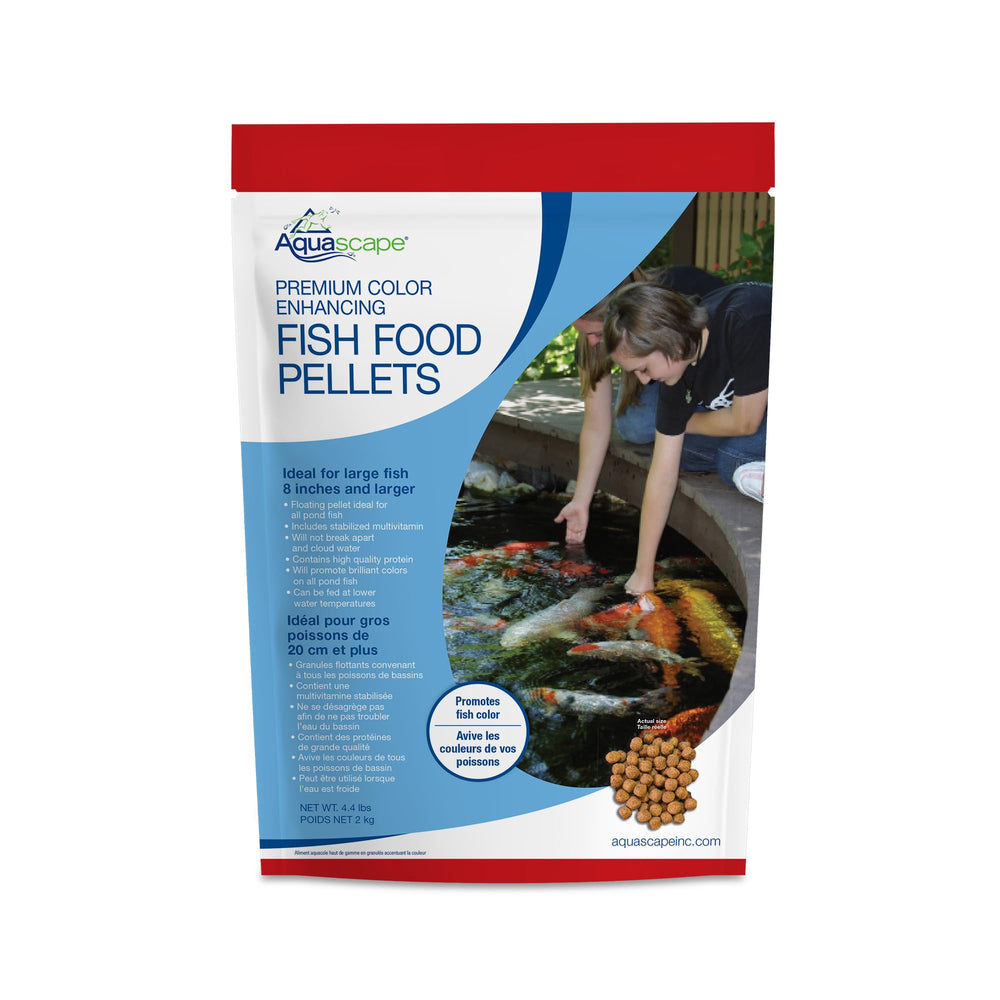 Aquascape fish food pellets shown in a front-facing package view.