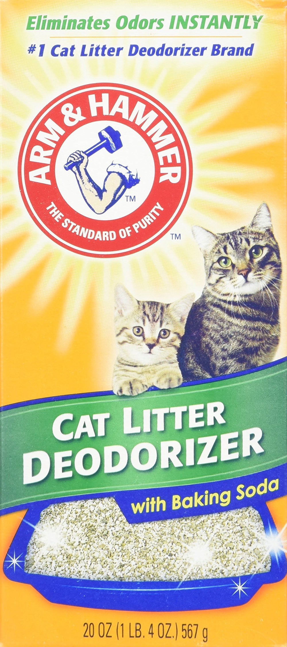 ARM & HAMMER cat litter deodorizer shown with its product packaging.