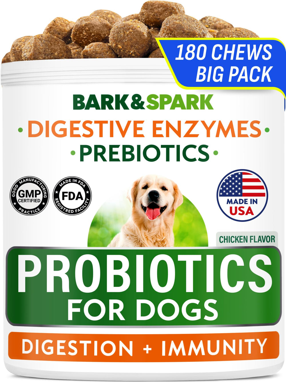 BARK&SPARK Dog Probiotic Chews shown with the product package from the front.