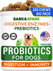 BARK&SPARK Dog Probiotic Chews shown with the product package from the front.