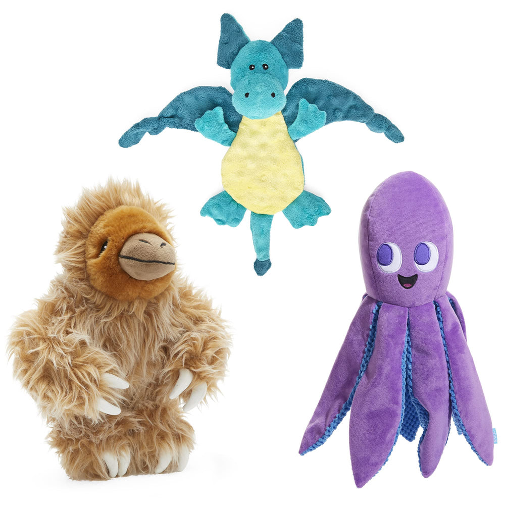 BarkBox plush dog toy bundle with Gordon the Sloth, Dingbert the Dragon and Ollie the Octopus.