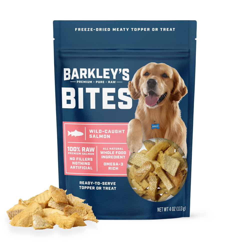 Barkley’s Salmon Bites dog treats shown in their product bag.