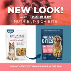 Barkley’s Salmon Bites shown being offered as a dog training reward.