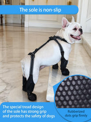 BECROWM dog boots with reflective strips shown in a close-up view.