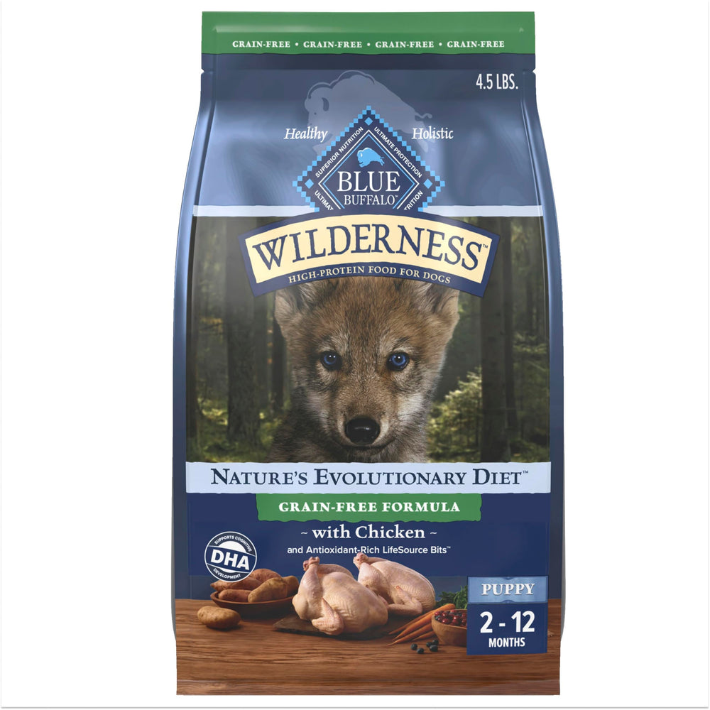 Blue Buffalo Wilderness Puppy Dry Dog Food shown from the front of its bag.