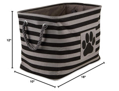 Bone Dry medium pet storage bin holding an assortment of pet toys.