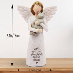 BORLESTA cat memorial figurine close-up of the gray cat held in the angel's arms.