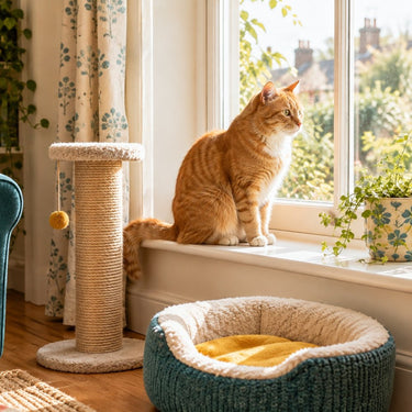 Ginger cat on a window sill beside a scratching post