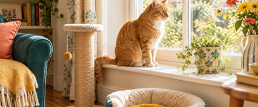 Ginger cat on a window sill beside a scratching post