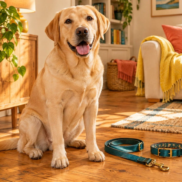 Labrador sitting beside a lead, collar and tennis ball