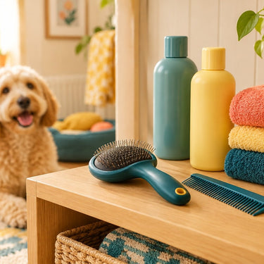 Pet brush, comb, towels and bottles on a grooming shelf