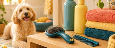 Pet brush, comb, towels and bottles on a grooming shelf
