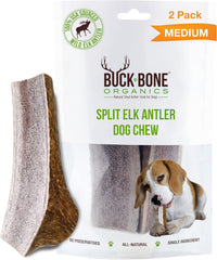 Buck Bone Organics elk antler chews shown from the front.