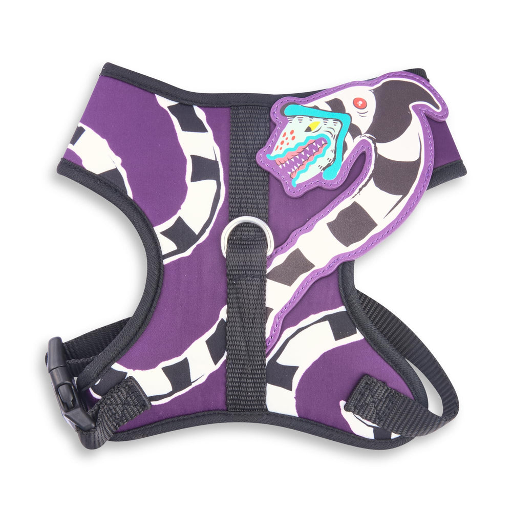 Buckle-Down Beetlejuice pet harness shown from the front with its purple graphic design.