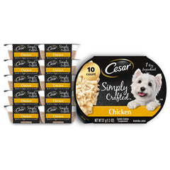 Cesar chicken wet dog food topper shown in its front package view.