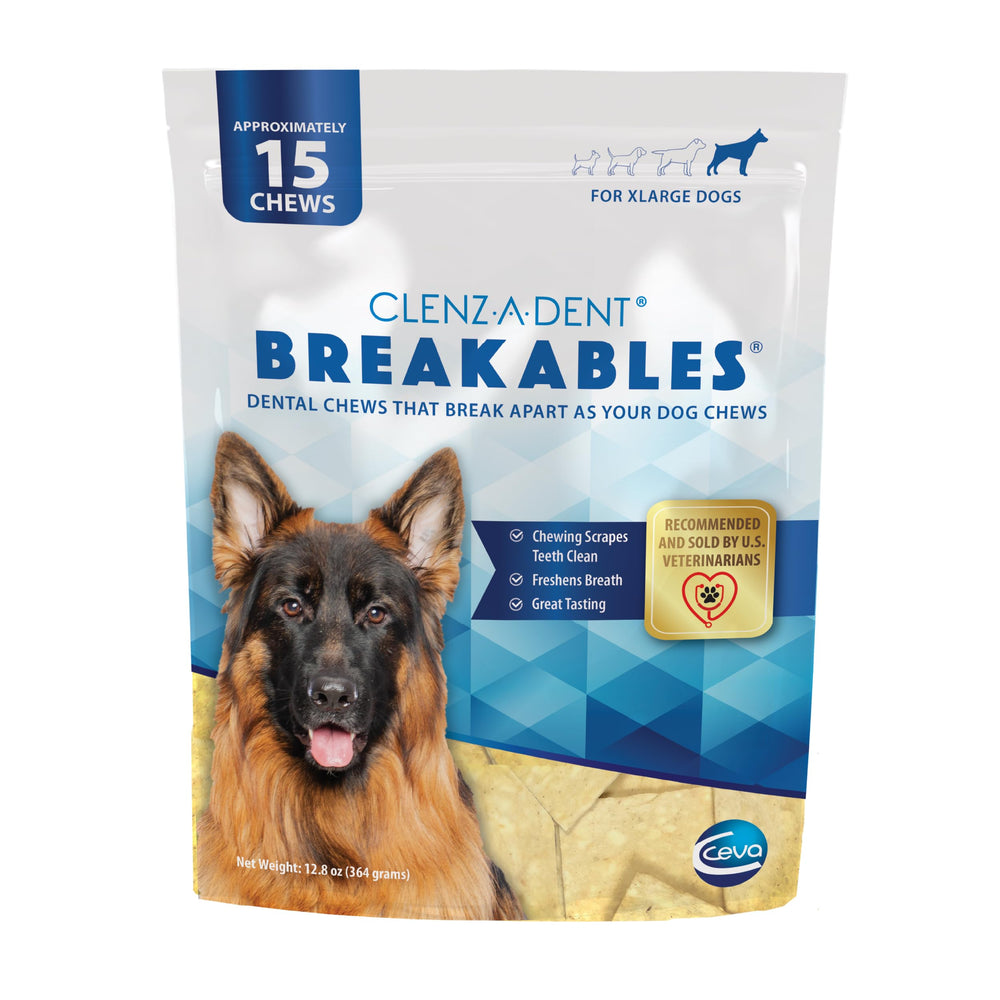 Ceva Clenz-A-Dent Breakables dental chews shown with the product pouch.