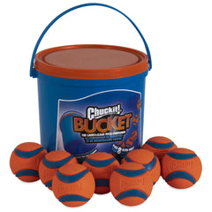 Chuckit! Ultra Rubber Dog Balls with Cleaning Bucket shown as a complete set.