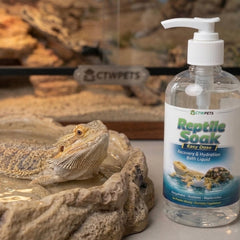 CTWPets Reptile Electrolyte Soak bottle with its product label in focus.