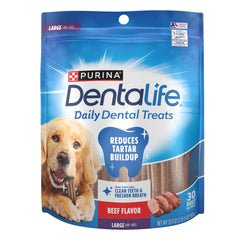 Dentalife large dog dental chews shown with the front of the product package.
