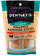 DENTLEY'S Gourmet Wrapped Rawhide Sticks dog treats shown from the front.