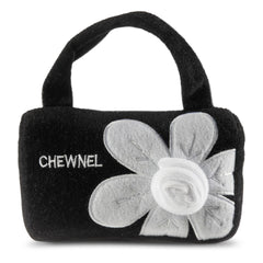 Dog Diggin Designs Chewnel Fleur Blanche plush dog toy shown from the front in its floral handbag shape.