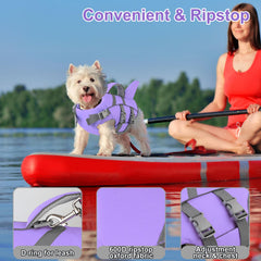 Dogcheer shark dog life jacket with its reinforced top handle in focus.
