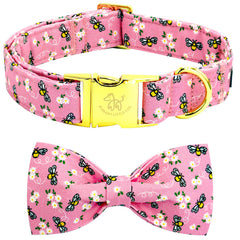 Elegant little tail dog collar shown from the front with its spring bee print and bow.