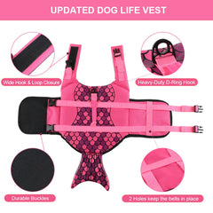 EMUST dog life jacket showing its adjustable belt and quick-release buckles.