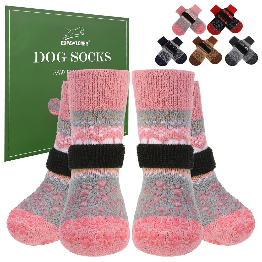 EXPAWLORER dog socks shown from the front with their patterned fabric.
