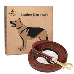 FAIRWIN leather dog leash shown from the front in reddish brown.