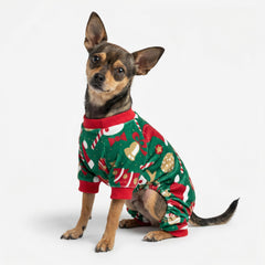 Detail of the candy cane, bell, tree and gold polka-dot print on Fitwarm Christmas Dog Pajamas.
