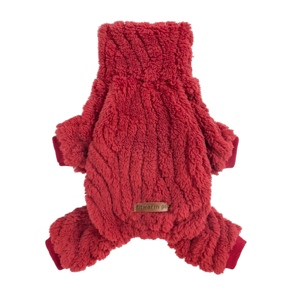 Fitwarm dog pajamas shown from the front in red fleece.