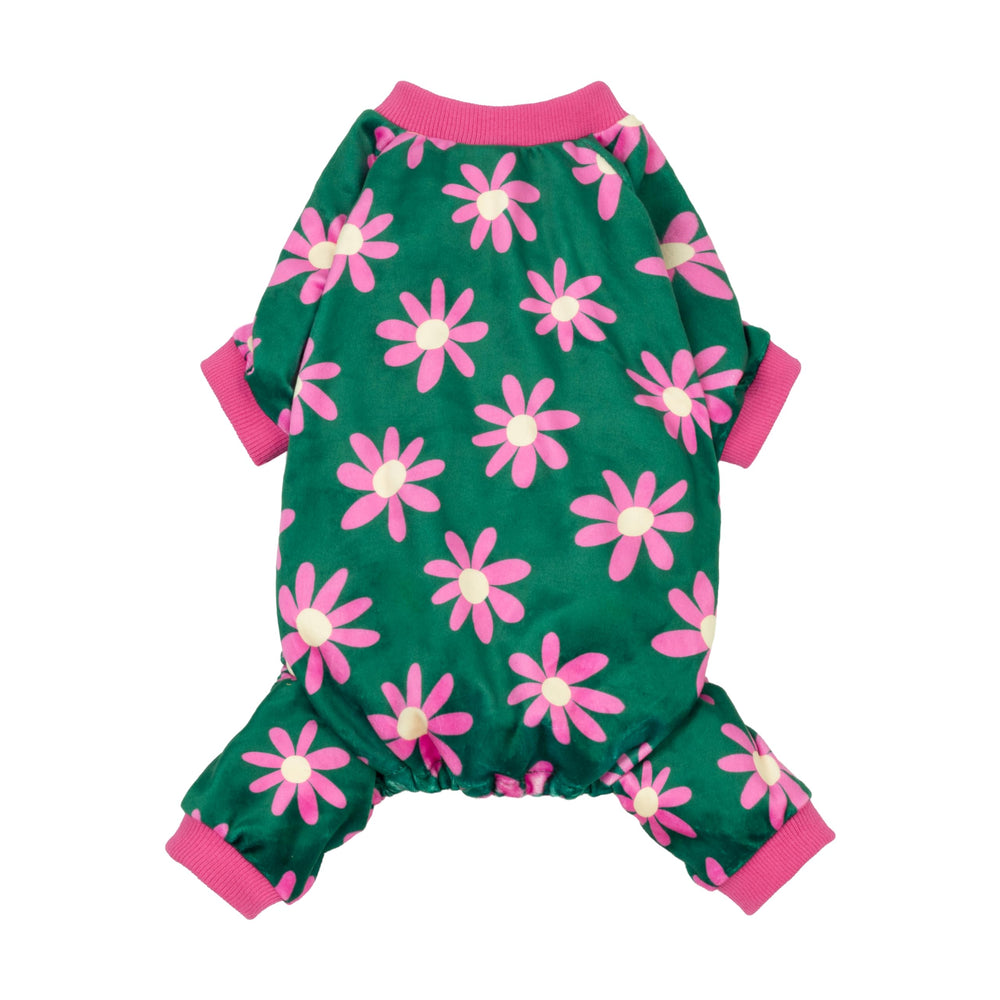 Fitwarm dog pajamas shown from the front in dark green with a floral design.