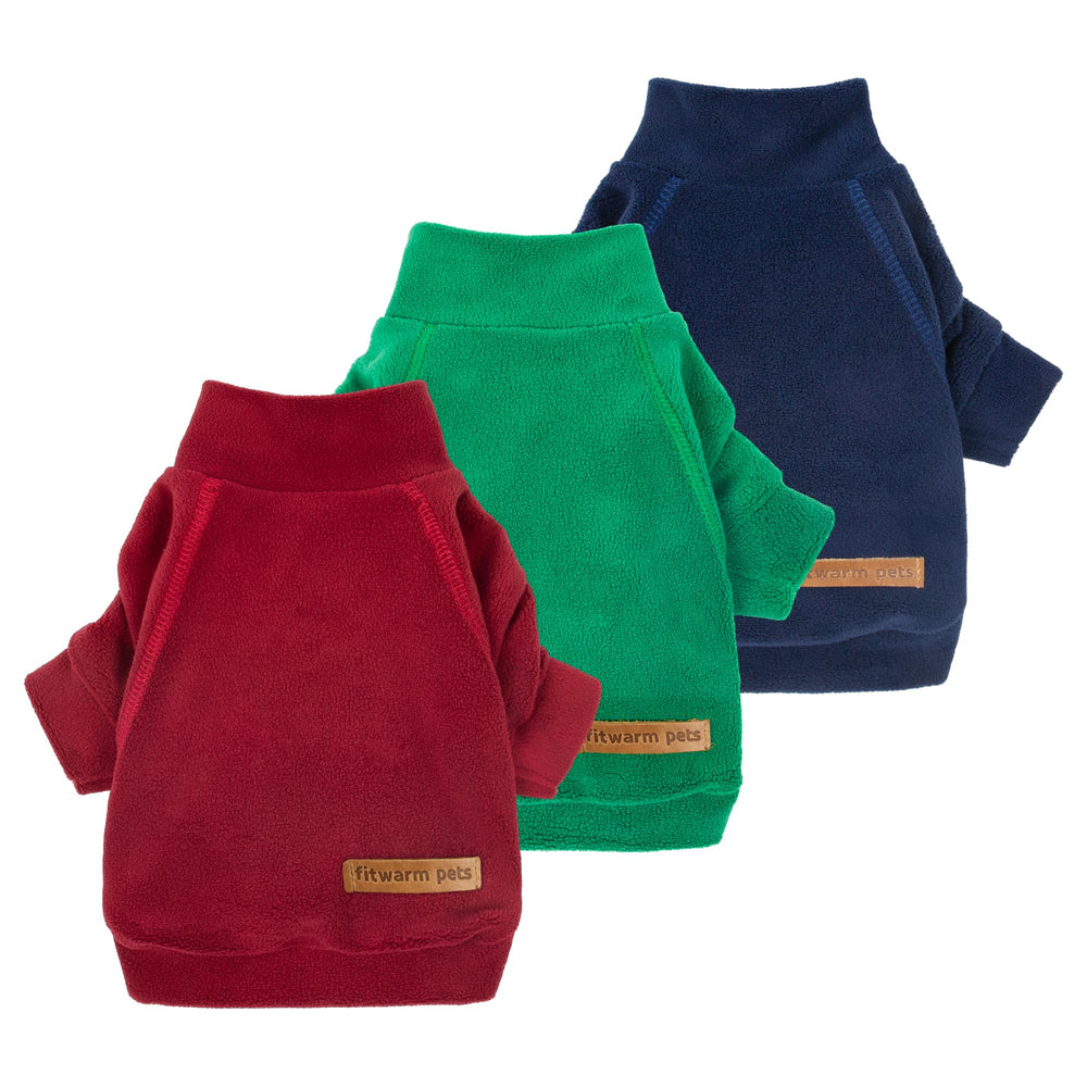 Fitwarm dog sweater three-color set in burgundy red, green, and navy blue.