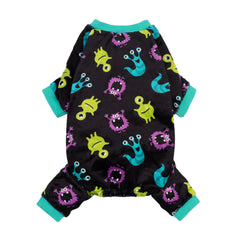 Fitwarm monster dog pajamas shown from the front with colorful Halloween artwork.