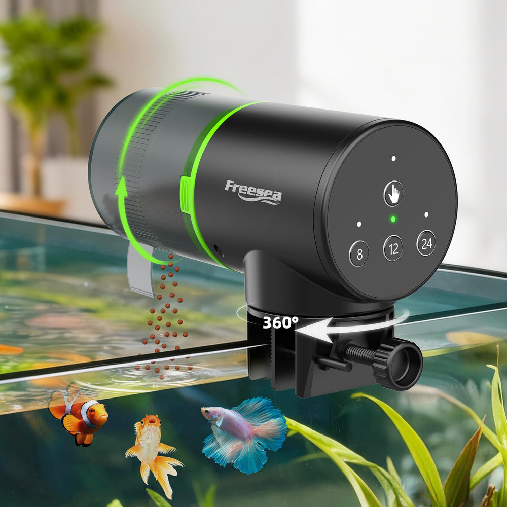 FREESEA automatic fish feeder shown from the front.