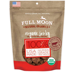 Full Moon beef jerky dog treats shown with the front of the package.