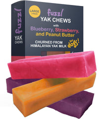 Fuzzl yak chews shown with the front of the mixed-flavour box.