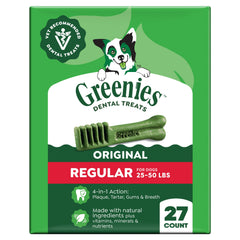 Greenies Regular Dental Dog Treats package shown from the front.