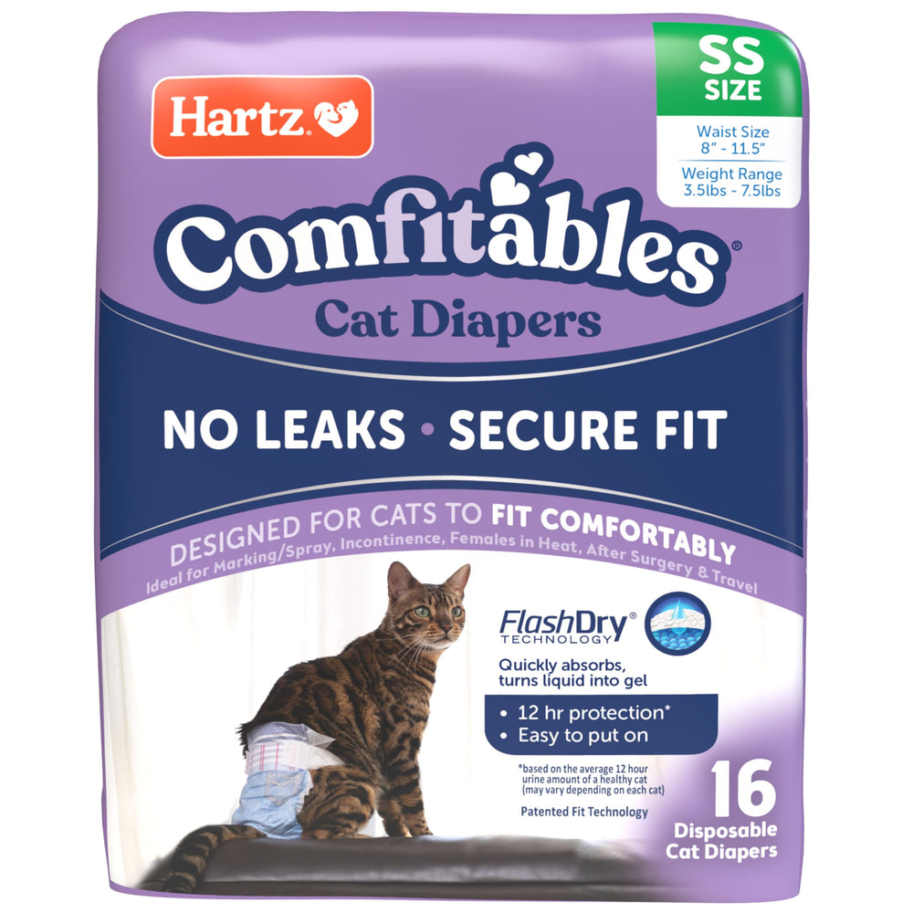 Hartz Comfitables Cat Diapers package front showing the XS 16-count pack.