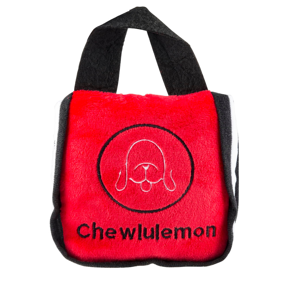 Haute Diggity Dog Chewlulemon Tote plush dog toy shown from the front with its red tote-inspired design.