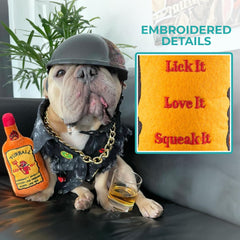 Haute Diggity Dog Furball Bottle Plush Dog Toy showing its fiery orange plush exterior.