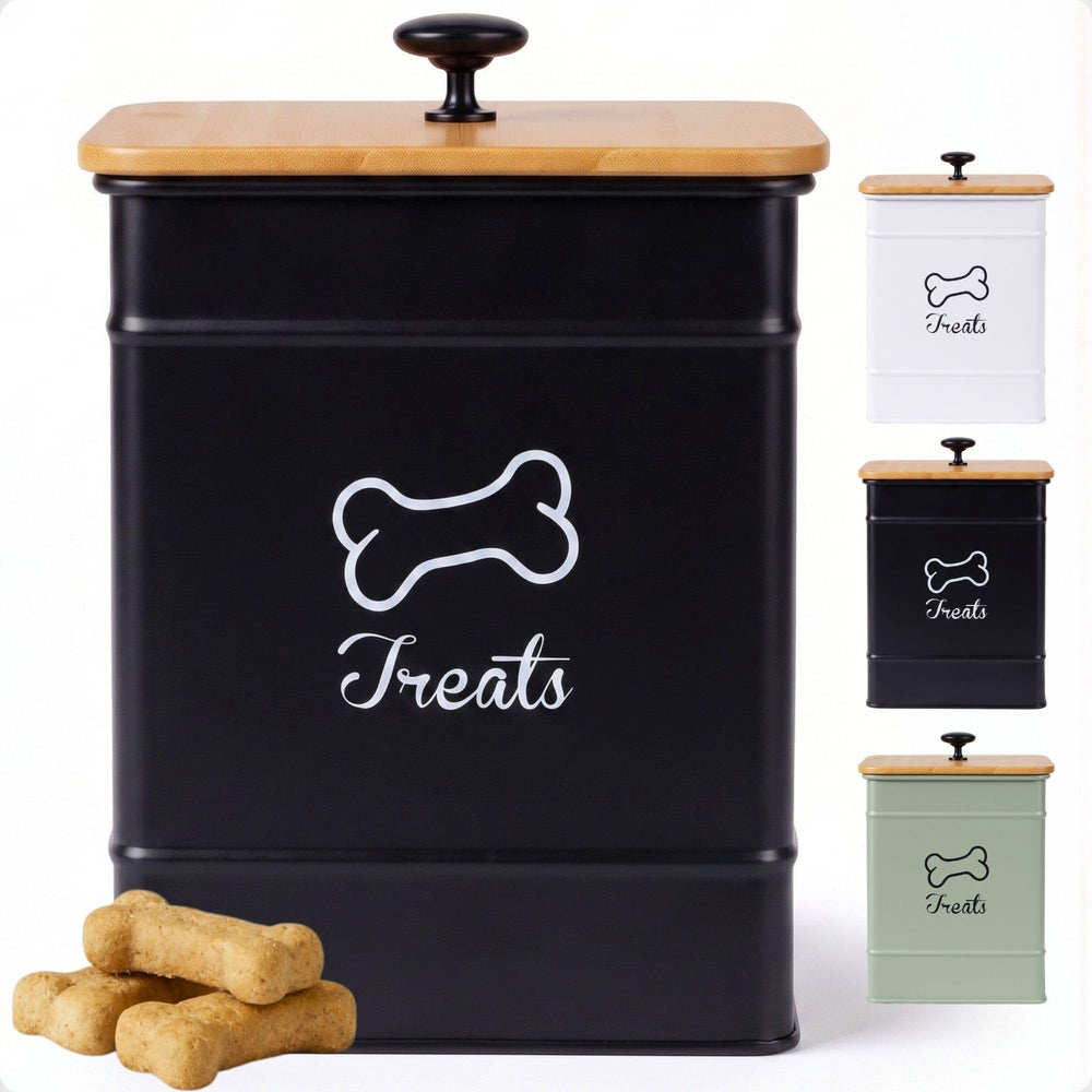 HB Design Co. Dog Treat Container shown from the front with its printed black finish.